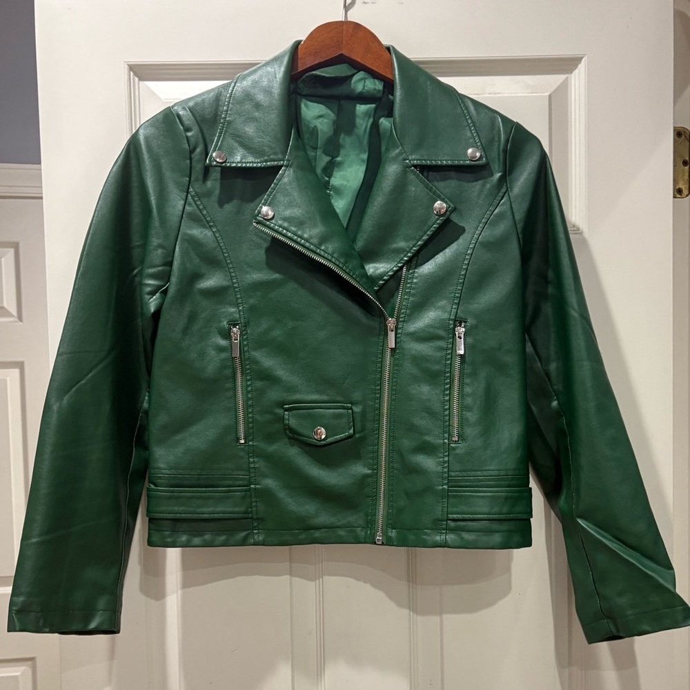 Womens Medium Green Pleather Jacket